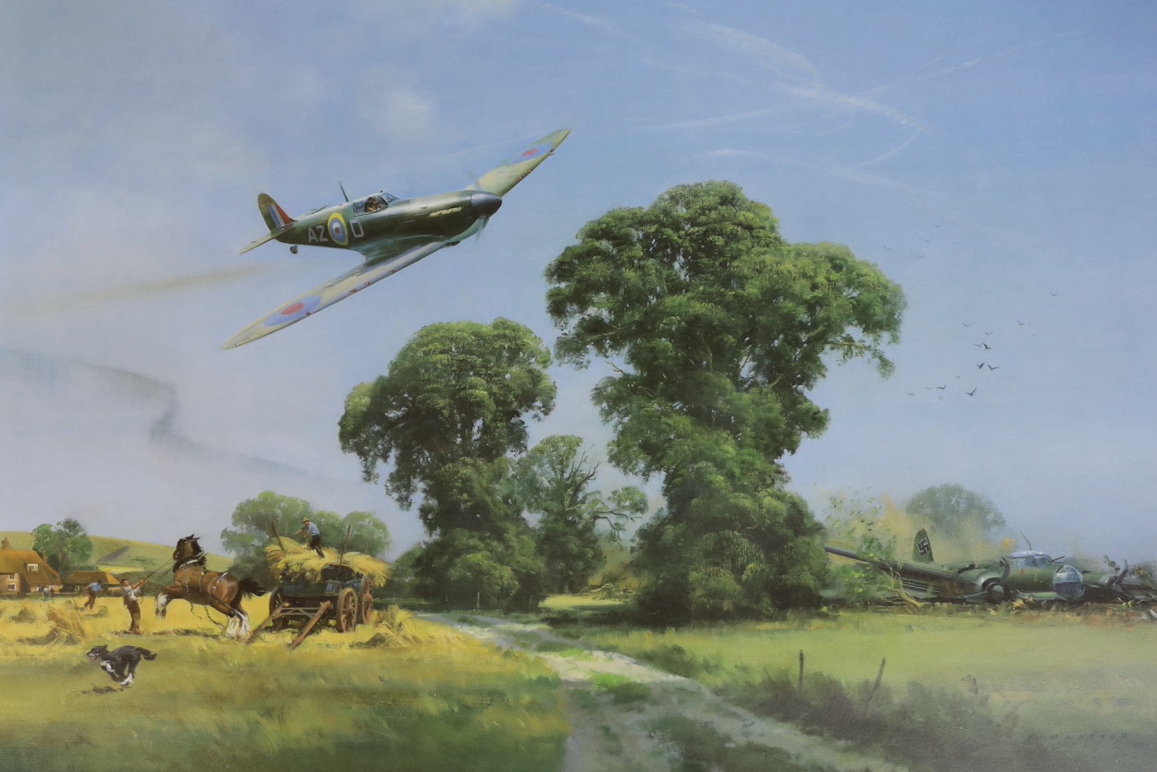 Frank Wooton, three limited edition prints; ‘Steady There, Them’s Spitfires’, 183/630, signed in pencil, 44 x 53cm, ‘Down on the Farm’, 839/1000, signed in pencil, 58 x 74cm, and ‘Under the Downs’, 22/850, signed in penc